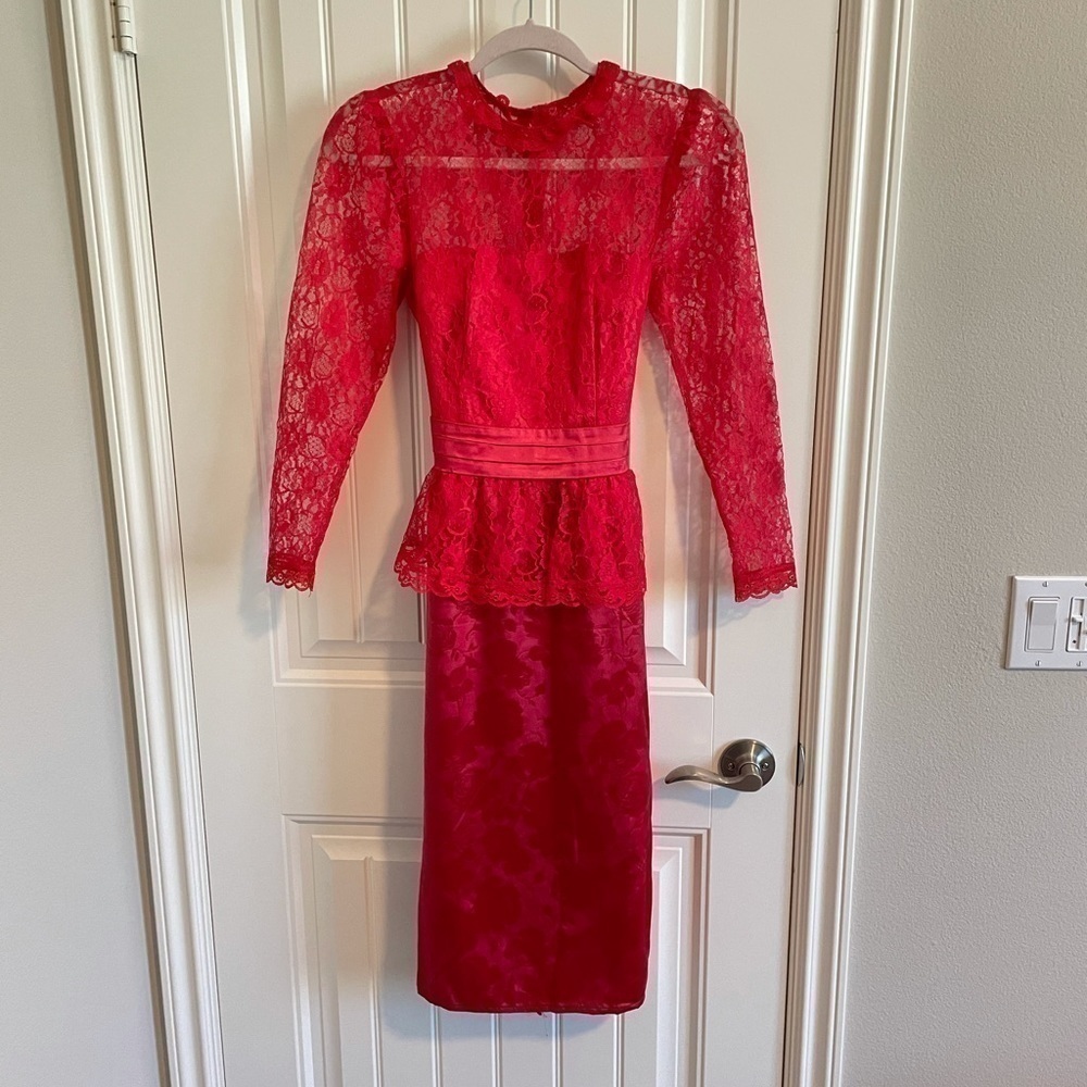 Gunne Sax vintage red lace peplum high neck dress - Picture 2 of 16